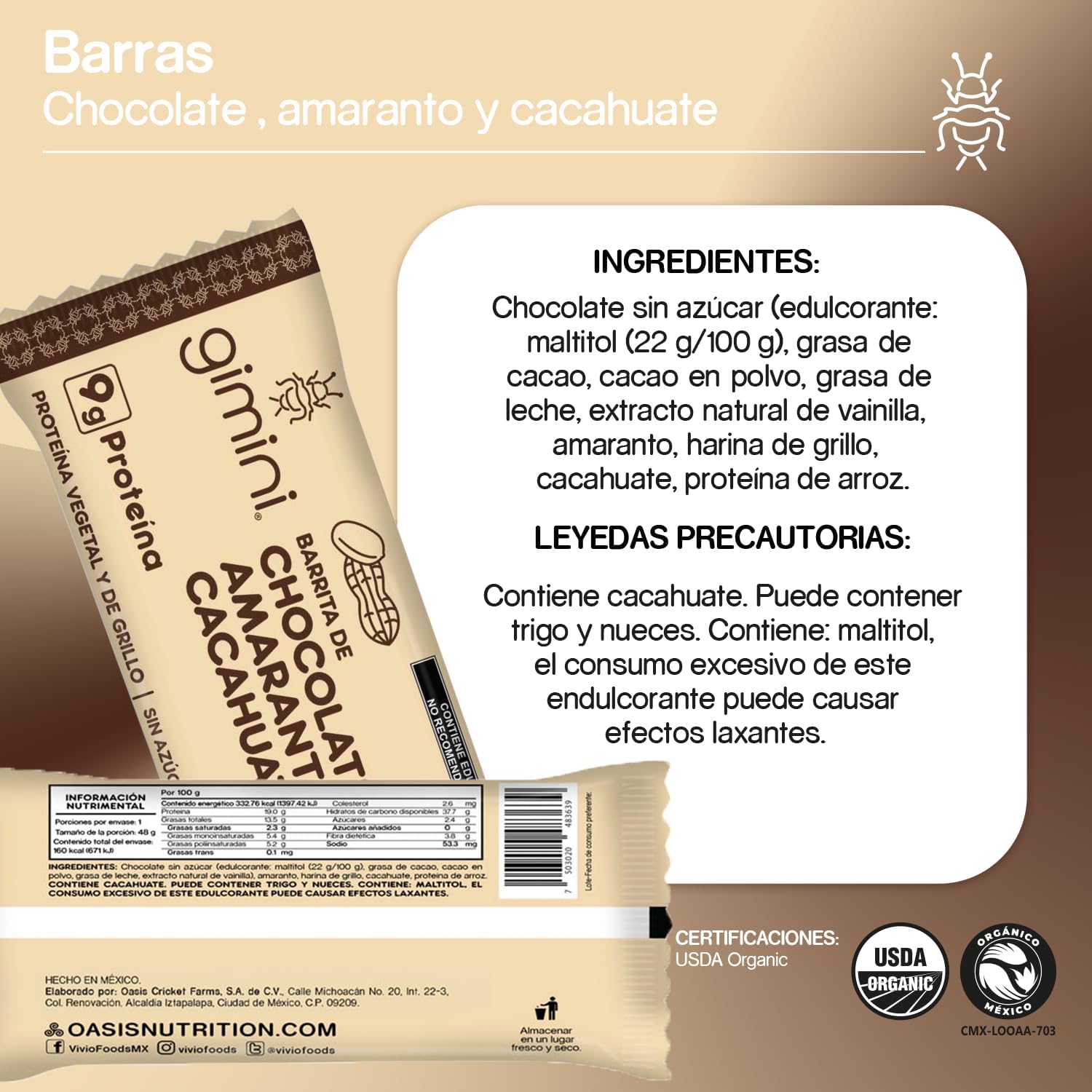Barritas de Chocolate con Amaranto y Cacahuate Pack 12pz
