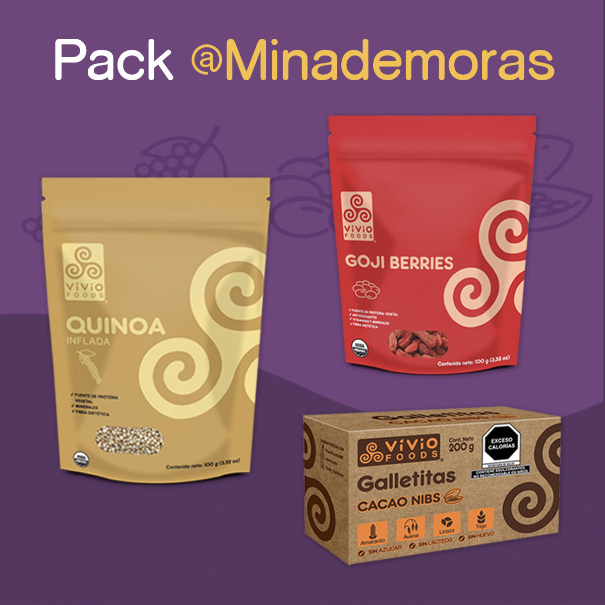 Pack @MinaDeMoras:  Quinoa inflada + Goji berries + Galletas cacao nibs